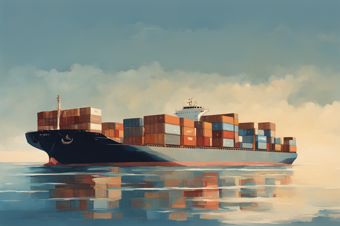 A cargo ship loaded with containers crosses a calm sea under a clear sky