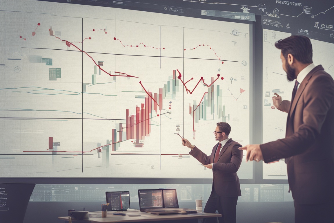 Two analysts point at a screen showing a rising trade graph and small flagged icons