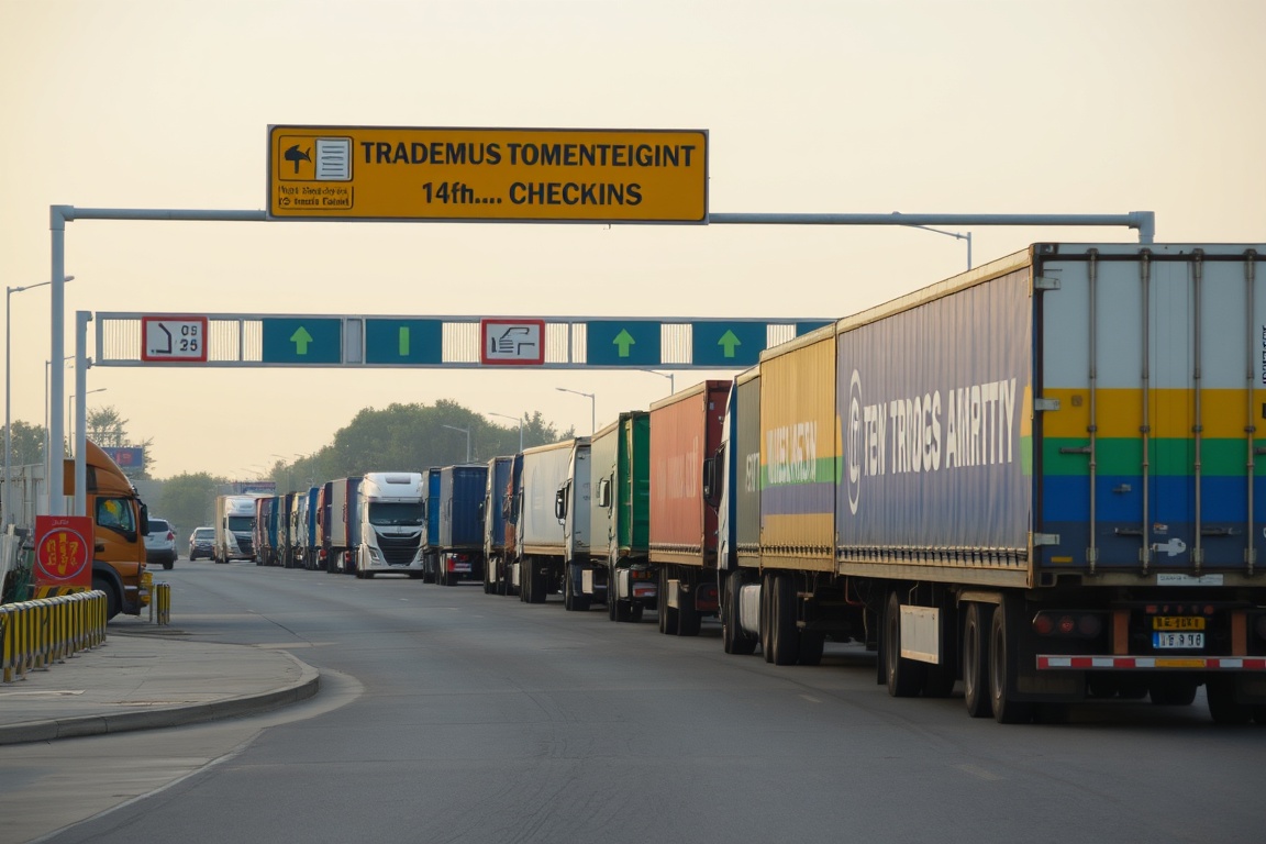 A line of trucks queued at a customs checkpoint under a sign with trade documentation forms